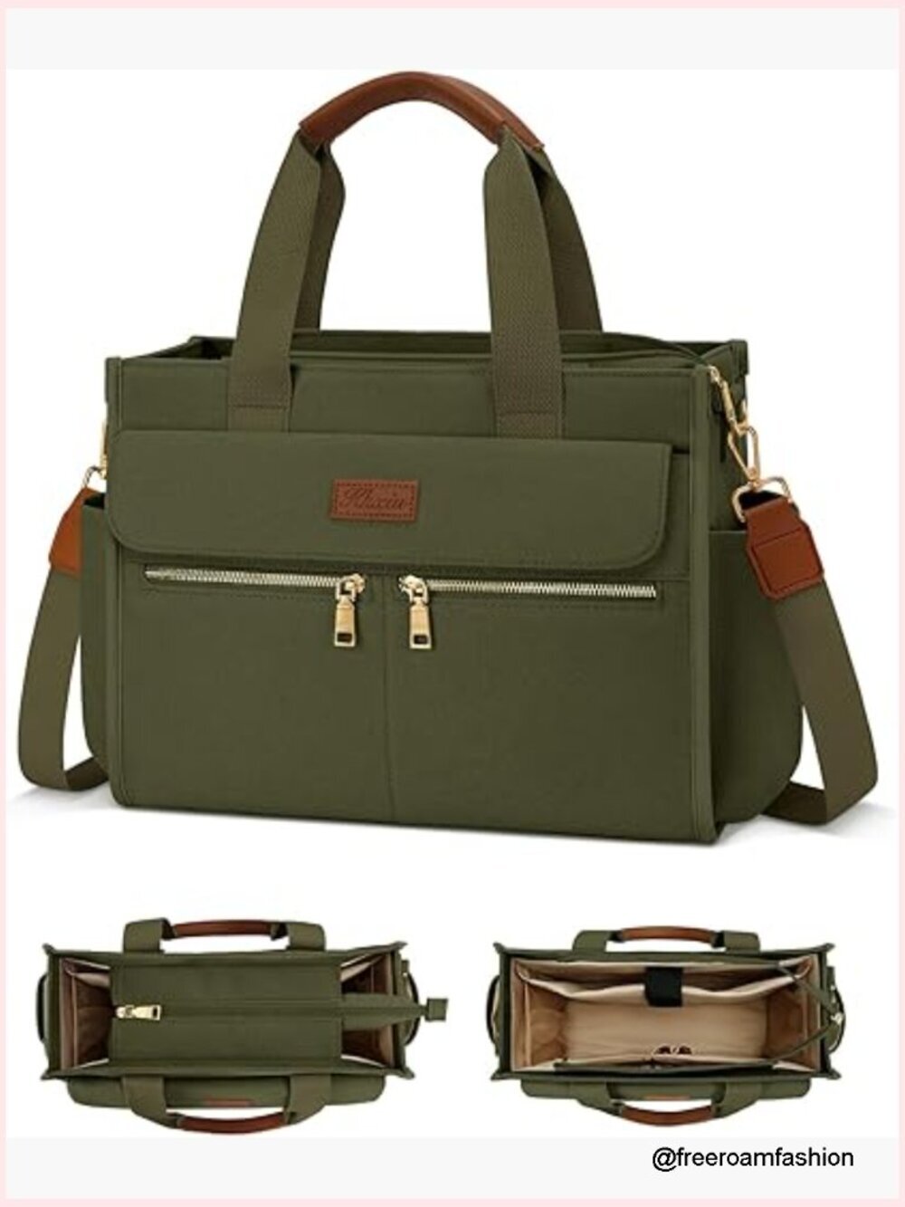 Large Canvas Tote Bag with Zipper, Multiple Compartments, Detachable Strap